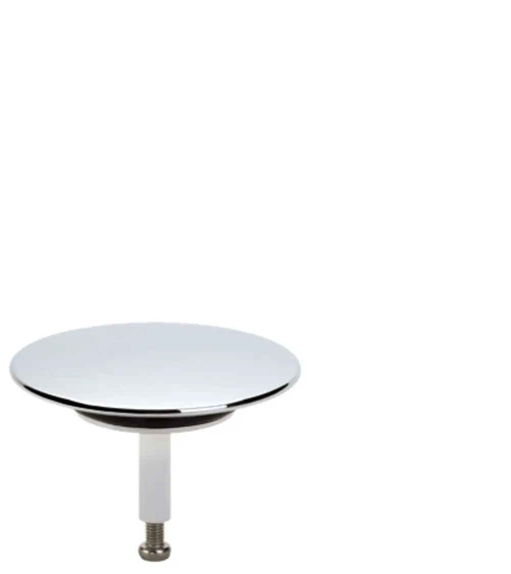 Runder Sicherheitsstopfen aus Metall mit glänzender Oberfläche und einem montagefertigen Gewinde, geeignet für Wannenarmaturen von Hansgrohe.